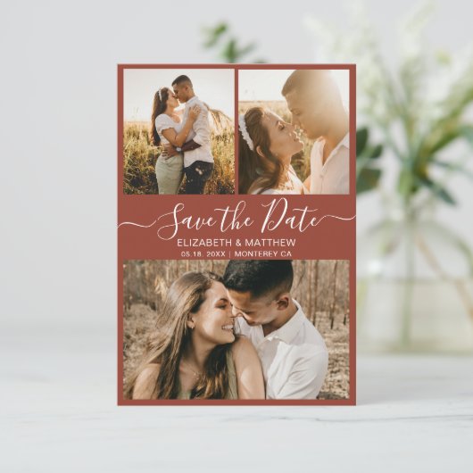 Terracotta Elegante Script Foto Collage Wedding Save The Date (Stehend Vorderseite)