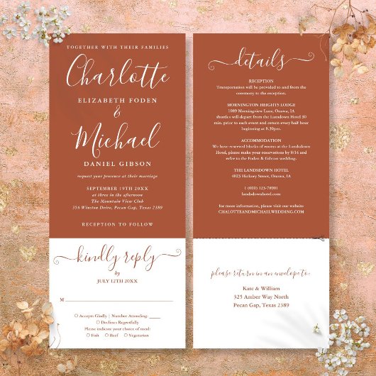 Terracotta Elegantes Skript in einer Hochzeit Einladung