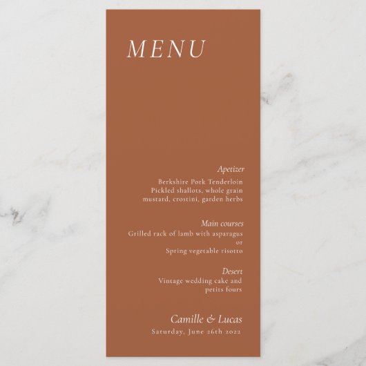 Terracotta elegantes Wedelmenü Menükarte (Vorderseite)