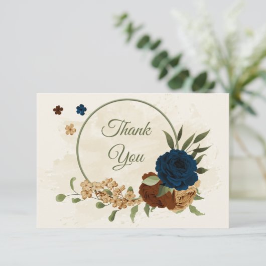 Terracotta-Erdtonnavy Blumengrün Hochzeit Dankeskarte (Stehend Vorderseite)
