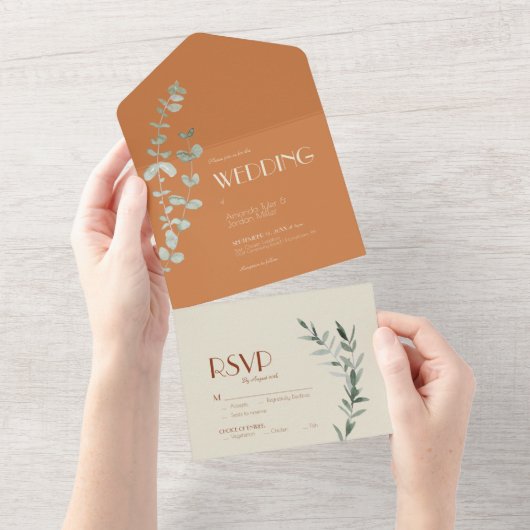 Terracotta Eucalyptus Deko Wedding All In One Einladung (Abreißen)