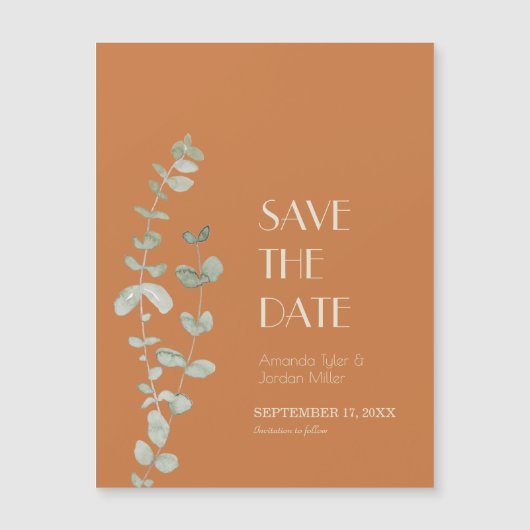 Terracotta Eucalyptus Deko Wedding Save the Date Magneteinladung (Vorderseite)