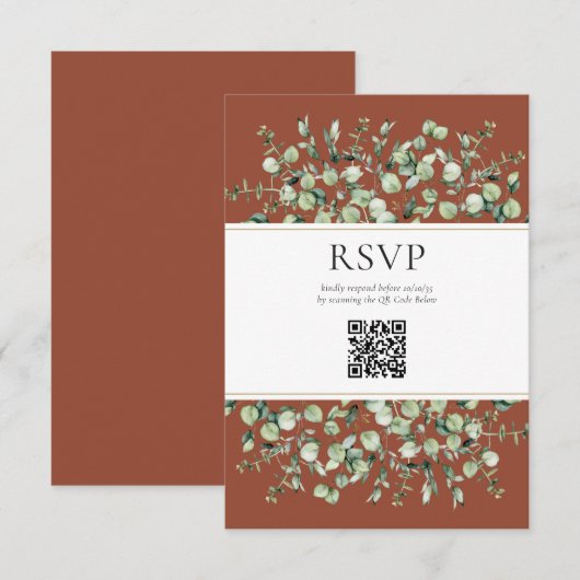 Terracotta Eucalyptus QR Code Wedding RSVP Begleitkarte (Vorne/Hinten)