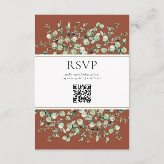 Terracotta Eucalyptus QR Code Wedding RSVP Begleitkarte (Vorderseite)