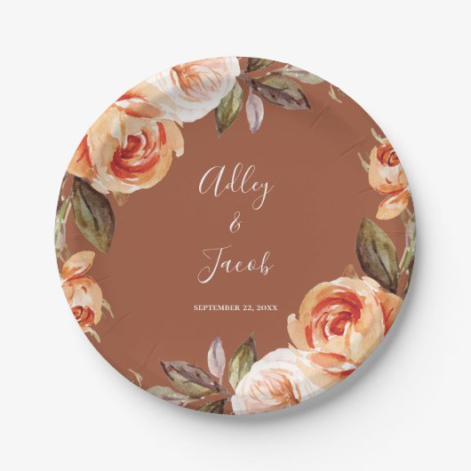 Terracotta Fall Boho Floral Wedge Pappteller (Vorderseite)