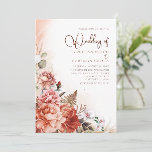 Terracotta Fall Floral Burnt Orange Boho Wedding Einladung (Stehend Vorderseite)