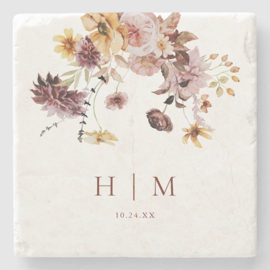 Terracotta Fall Floral Monogram Wedding Steinuntersetzer (Vorderseite)