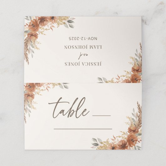Terracotta Fall Floral Tischnummer Hochzeit Platzkarte (Außenseite Aufgefaltet)