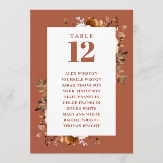 Terracotta Fall Floral Tischnummer Seekarte (Vorderseite)