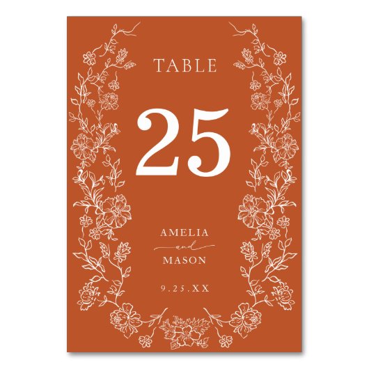 Terracotta Fall Floral Wedge Tischnummer (Vorderseite)