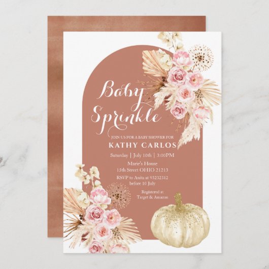 Terracotta Fall Pampas grass & Pumpkin Einladung (Vorne/Hinten)