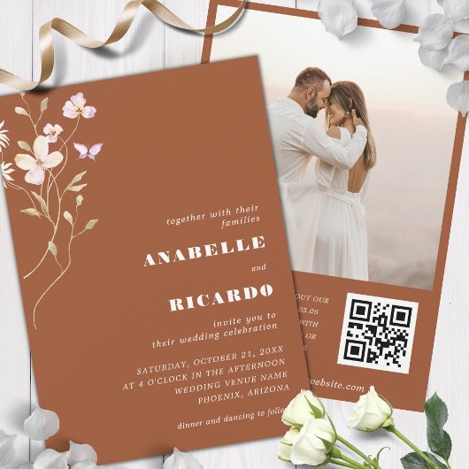 Terracotta Fall Wildblumen Foto QR Code Hochzeit Einladung