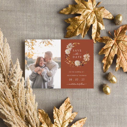 Terracotta Fall Wreath Wedding Foto Save the Date Ankündigungspostkarte