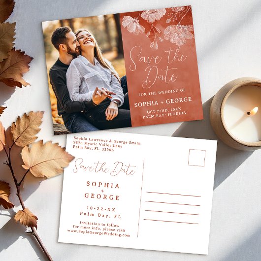 Terracotta fallflorale Save the Date Posta Postkarte