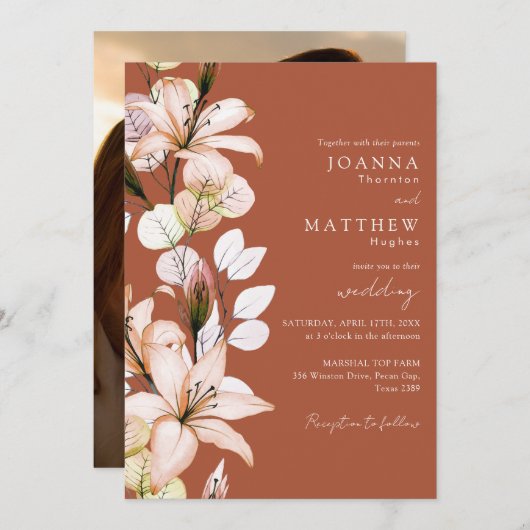 Terracotta Flora Foto Herbst Hochzeit Einladung (Vorne/Hinten)