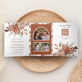 Terracotta Floral All in One QR Code Hochzeit Dreifach Gefaltete Einladung