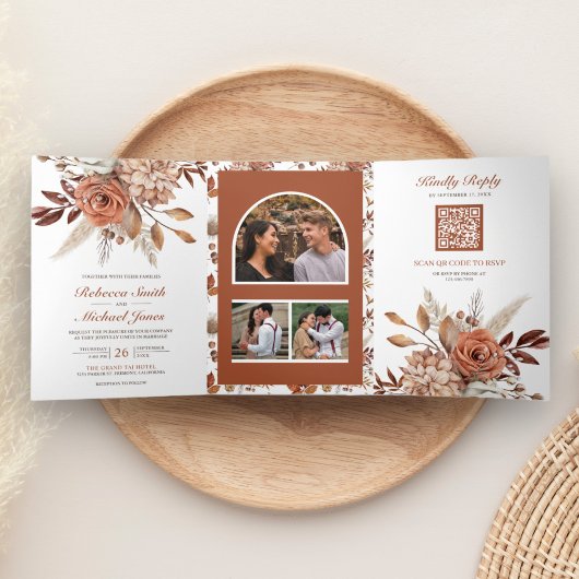 Terracotta Floral All in One QR Code Hochzeit Dreifach Gefaltete Einladung