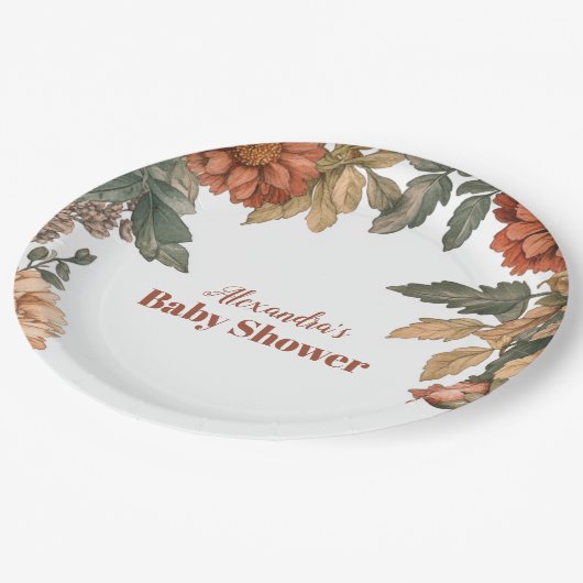 Terracotta Floral Baby in Bloom Baby Dusche Pappteller (Schrägansicht)