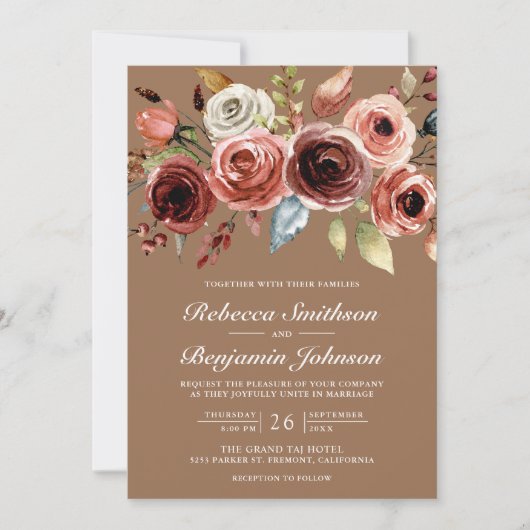 Terracotta Floral Beige Tan QR Code Wedding Einladung (Vorderseite)