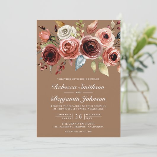 Terracotta Floral Beige Tan QR Code Wedding Einladung (Stehend Vorderseite)