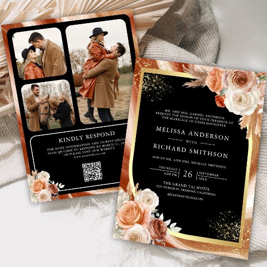 Terracotta Floral Black Gold Foto QR Code Hochzeit Einladung