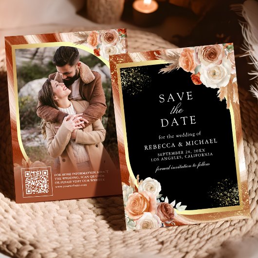 Terracotta Floral Black Gold QR Code Foto Hochzeit Save The Date