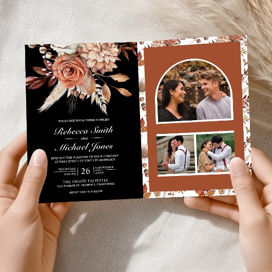 Terracotta Floral Black QR Code Wedding Einladung