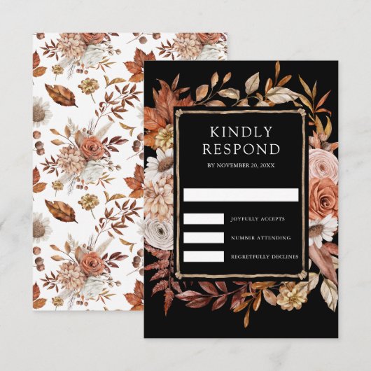 Terracotta Floral Black Wedding RSVP Karte (Vorne/Hinten)