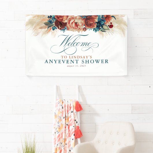 Terracotta Floral Boho Fall Party Dusche Willkomme Banner (Insitu)