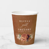 Terracotta Floral Boho Moderne Hochzeit im Herbst Pappbecher (Rückseite)