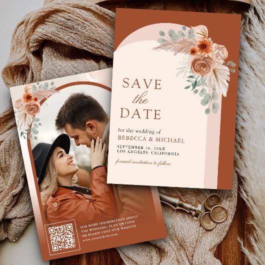 Terracotta Floral Boho Pampas Arch Foto QR Code Save The Date