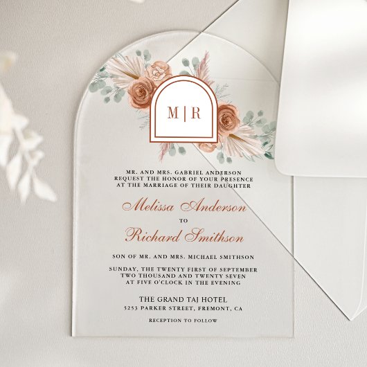 Terracotta Floral Boho Pampas Burnt Orange Wedding Acryleinladungen