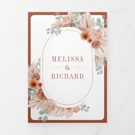 Terracotta Floral Boho Pampas Burnt Orange Wedding Dreifach Gefaltete Einladung (Cover)
