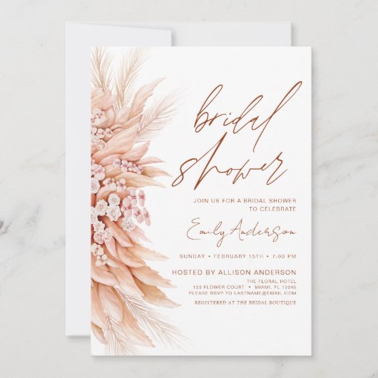 Terracotta Floral Boho Pampas Grass Brautparty Einladung (Vorderseite)