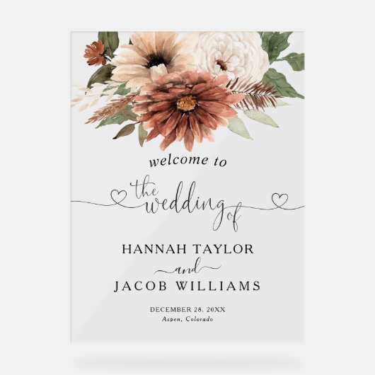 Terracotta Floral Boho Wedding Willkommen Acrylschild (Vorderseite)