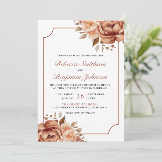 Terracotta Floral Border Foto QR Code Wedding Einladung (Stehend Vorderseite)