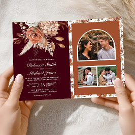 Terracotta Floral Burgundy QR Code Wedding Einladung