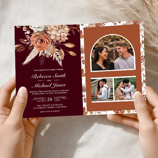 Terracotta Floral Burgundy QR Code Wedding Einladung