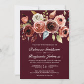 Terracotta Floral Burgundy QR Code Wedding Einladung (Vorderseite)