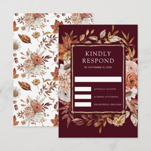 Terracotta Floral Burgundy Wedding RSVP Karte (Vorne/Hinten)