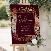 Terracotta Floral Burgundy Wedding Welcome Sign