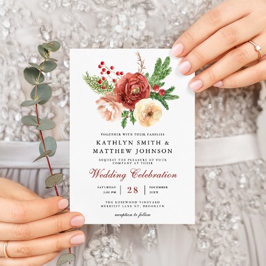 Terracotta Floral Christmas Winter Wedding QR Code Einladung