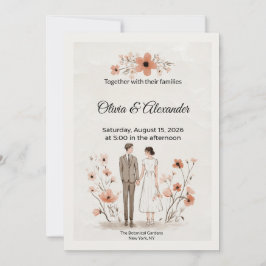 Terracotta Floral & Couple Illustration Wedding Karte