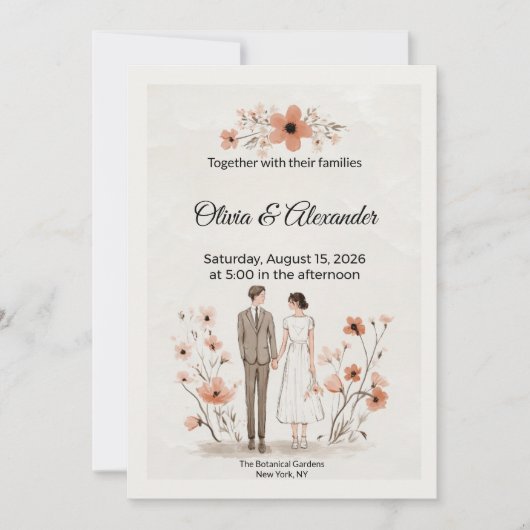 Terracotta Floral & Couple Illustration Wedding Karte (Vorderseite)