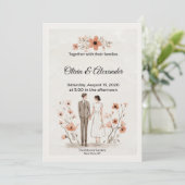 Terracotta Floral & Couple Illustration Wedding Karte (Stehend Vorderseite)