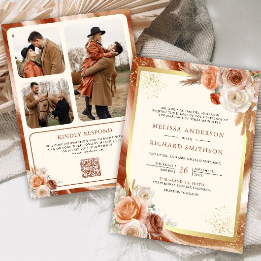 Terracotta Floral Cream Gold Foto QR Code Hochzeit Einladung