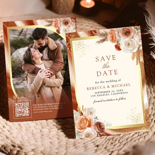 Terracotta Floral Cream Gold QR Code Foto Hochzeit Save The Date