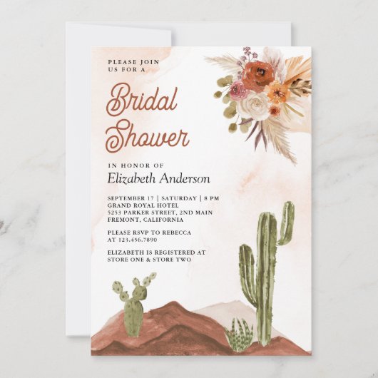 Terracotta Floral Desert Cactus Brautparty Einladung (Vorderseite)