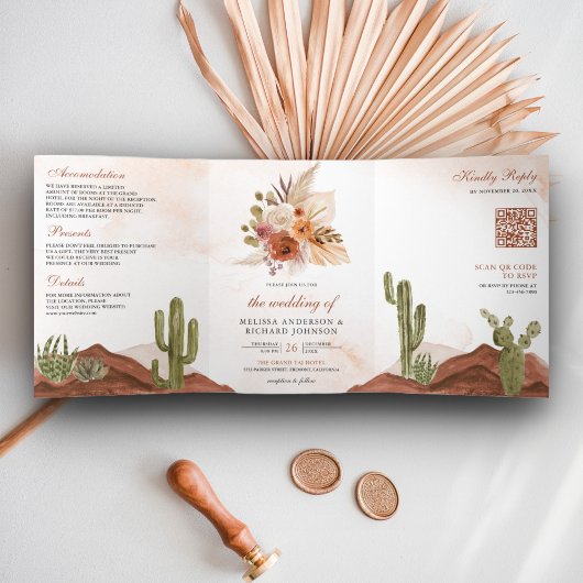 Terracotta Floral Desert Cactus QR Code Wedding Dreifach Gefaltete Einladung