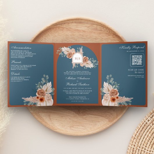 Terracotta Floral Dusty Blue QR Code Wedding Dreifach Gefaltete Einladung